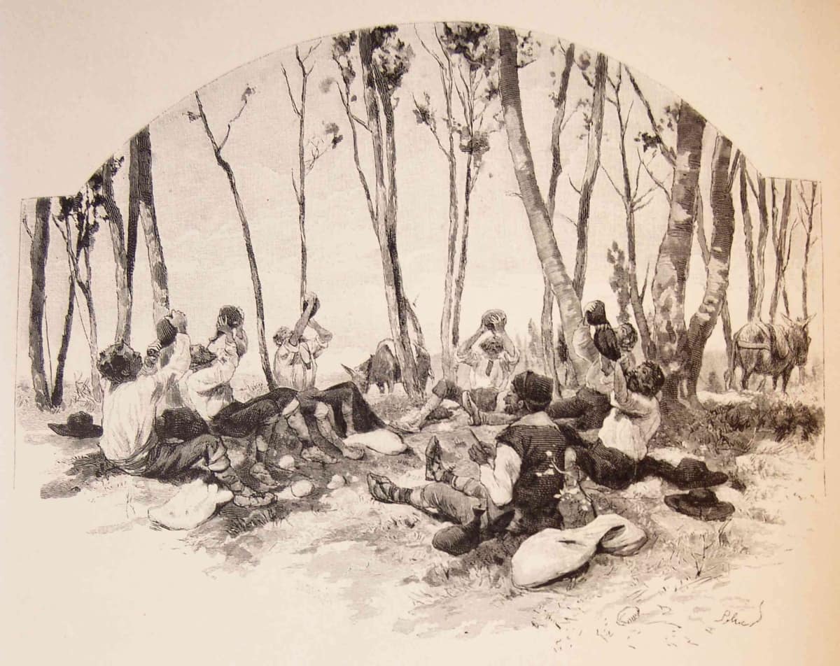 Ilustración antigua de Ricote y otros peregrinos compartiendo comida con Sancho en el camino.