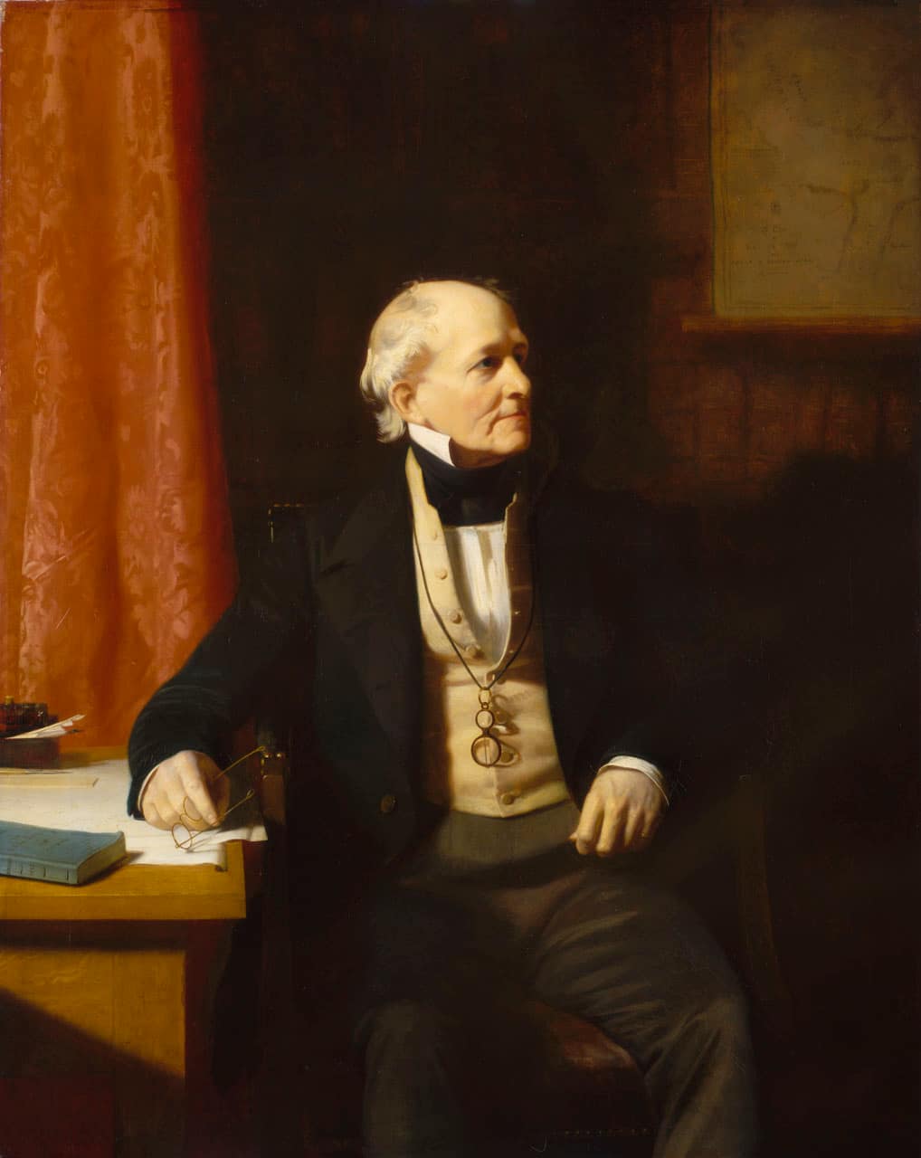 Retrato al óleo de Francis Beaufort sentado en una silla, con uniforme naval oscuro y una biblioteca al fondo.