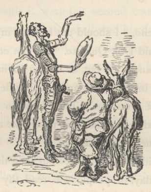 Don Quijote sostiene la bacía de barbero como si fuera el yelmo de Mambrino mientras Sancho lo observa.