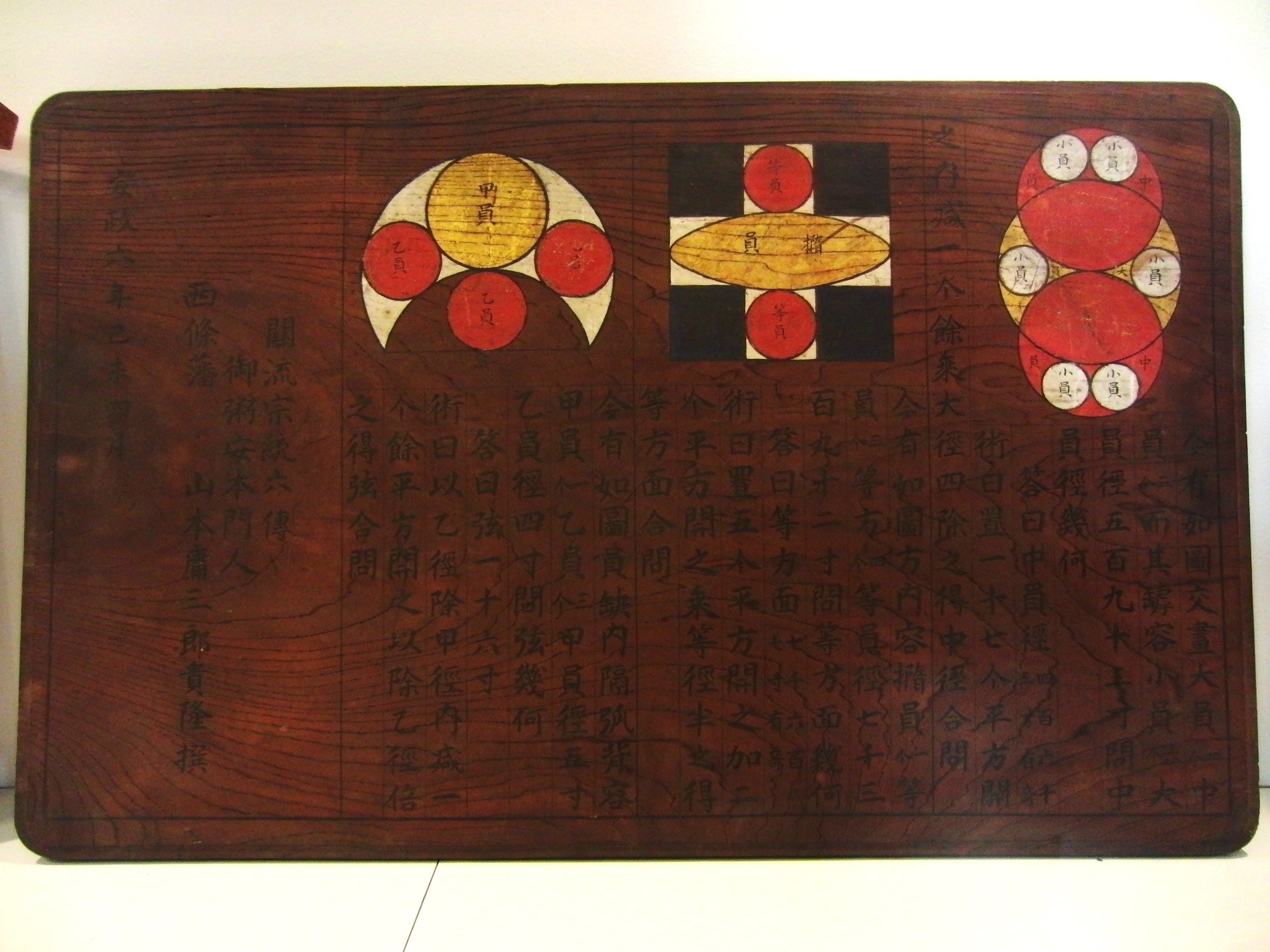 Tablilla sangaku de madera de 1859 con texto japonés y tres diagramas geométricos de círculos coloreados.
