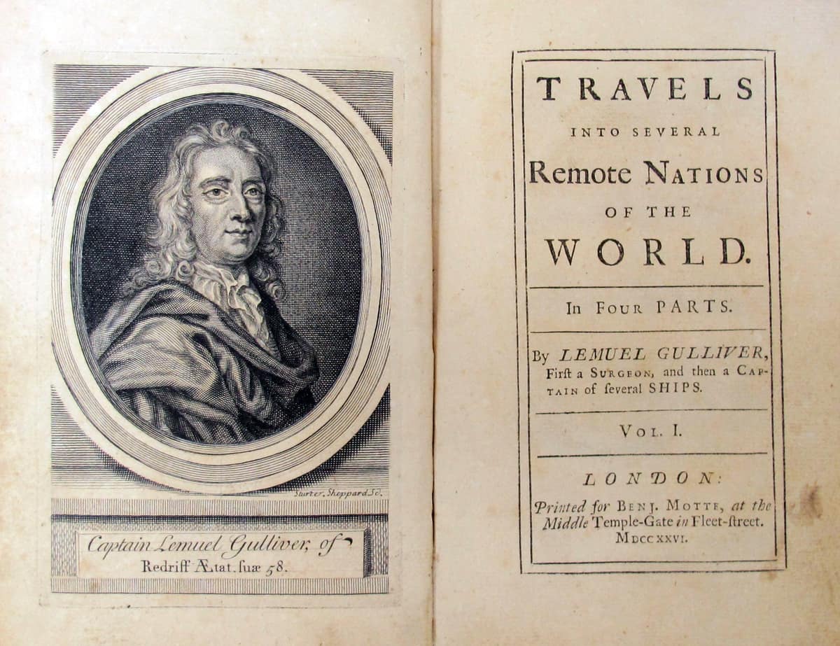 Retrato grabado de Lemuel Gulliver junto a la portada de la primera edición londinense de Gulliver’s Travels, publicada en 1726.