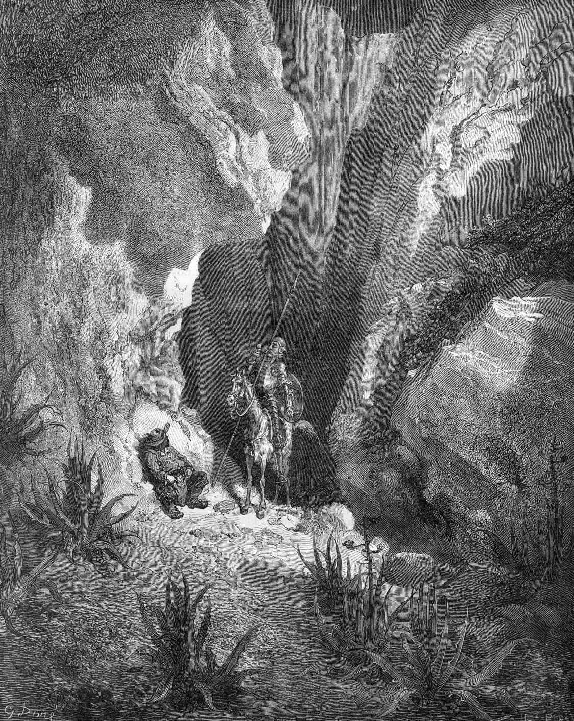 Don Quijote y Sancho revisan una maleta abandonada entre las rocas de Sierra Morena.