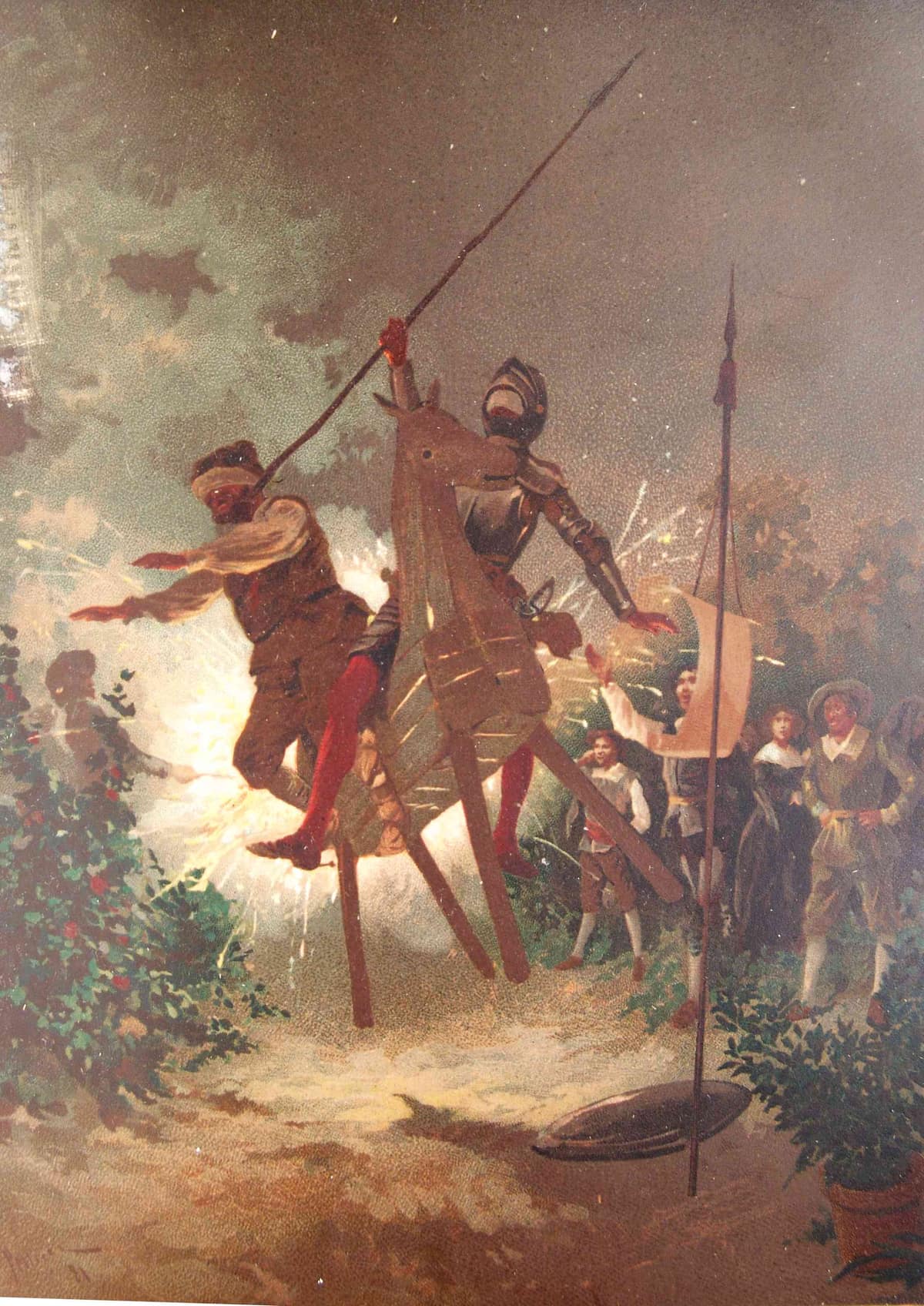 Ilustración antigua de Don Quijote y Sancho montados sobre el caballo de madera Clavileño.