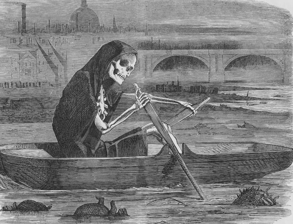 Caricatura victoriana en blanco y negro de un esqueleto encapuchado que rema en una barca sobre el Támesis contaminado, con Londres al fondo.