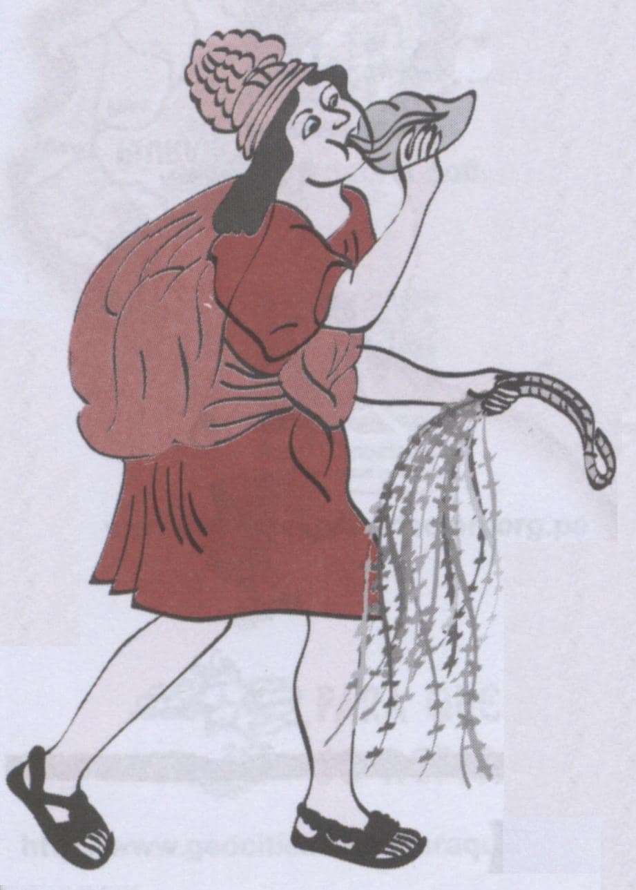 Ilustración histórica de un chasqui inca que lleva un quipu y una caracola para transmitir información.