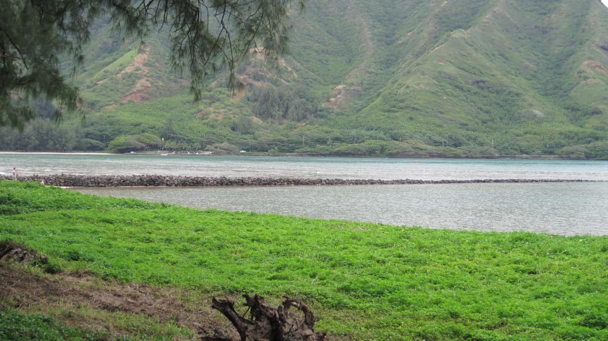 Vista del estanque costero de Huilua y la bahía de Kahana, con agua, vegetación y montañas al fondo.