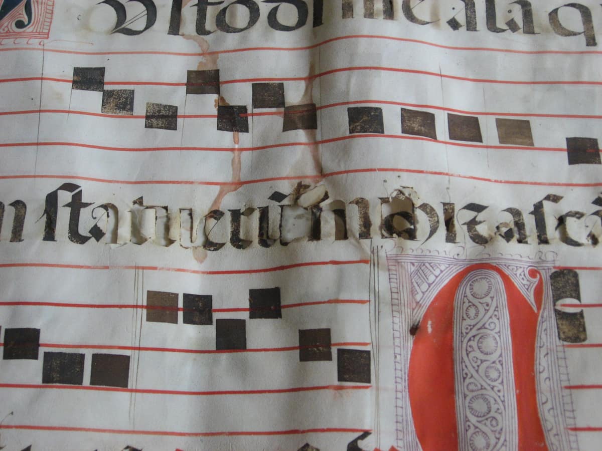 Página de manuscrito con líneas de escritura oscura y agujeros irregulares donde la tinta ferrogálica ha corroído el papel.