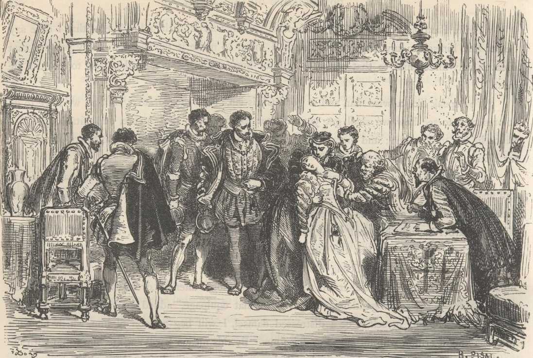 Lucinda cae desmayada durante la ceremonia con Don Fernando mientras Cardenio observa oculto entre los asistentes.