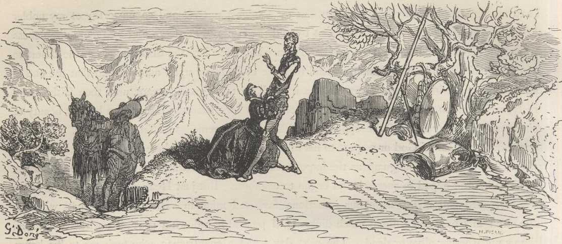 Dorotea, vestida como gran señora, se arrodilla ante Don Quijote mientras Sancho y el falso escudero observan.