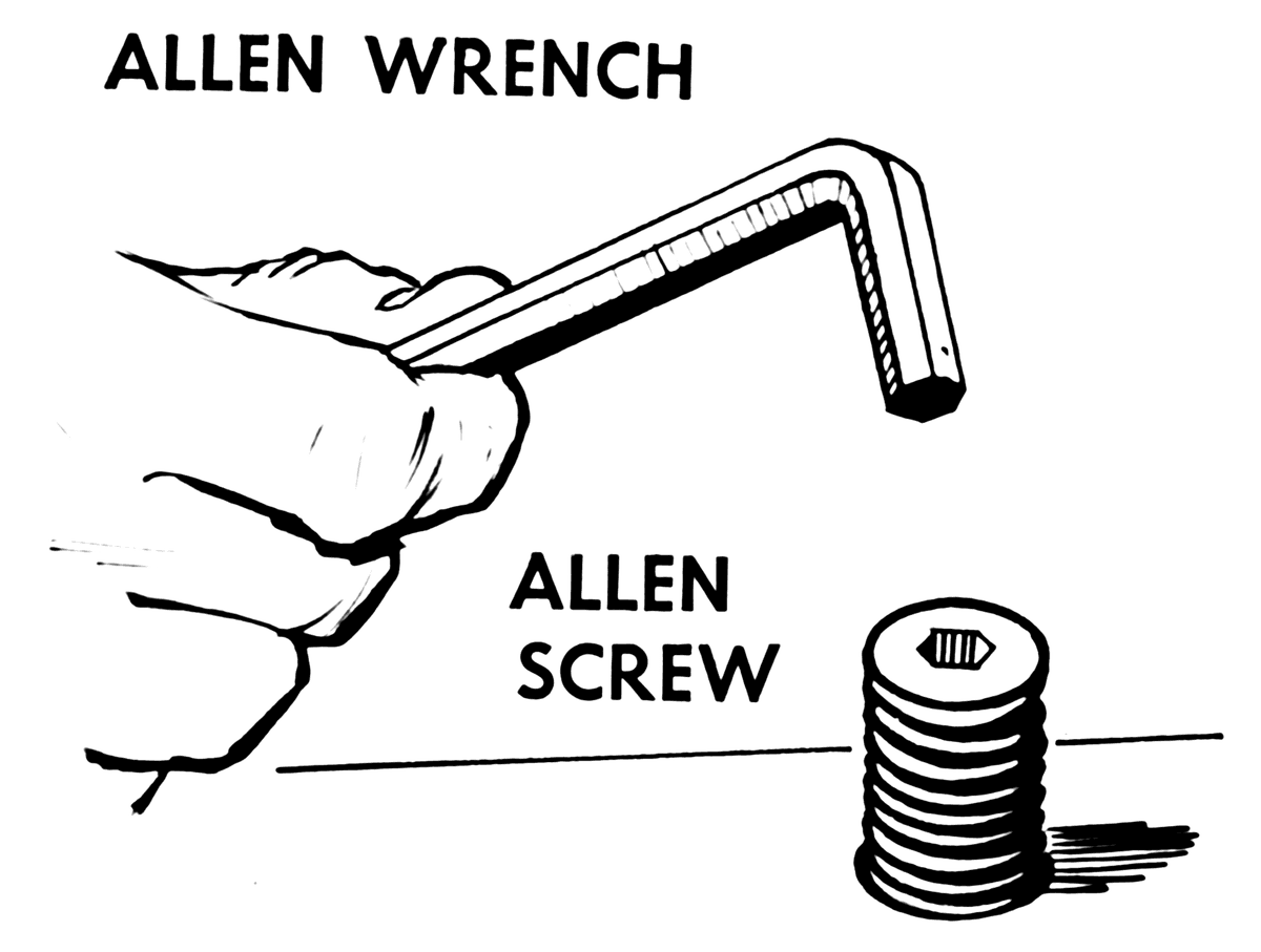 Imagen de Allen wrench and screw (PSF).png. An illustration of an Allen (hex) wrench and screw.