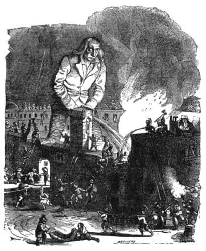 Gulliver de pie ante el palacio en llamas mientras apaga el incendio, rodeado de liliputienses.