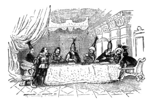 Consejeros liliputienses discutiendo el castigo de cegar a Gulliver.