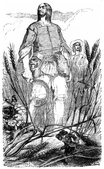 Gulliver sostenido en la mano de un habitante gigante de Brobdingnag.