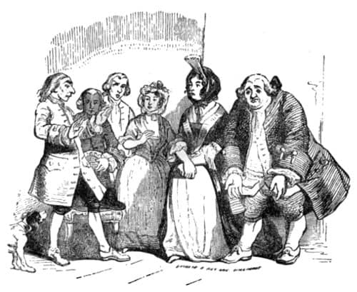Gulliver regresando a casa y agachándose ante personas de su tamaño.