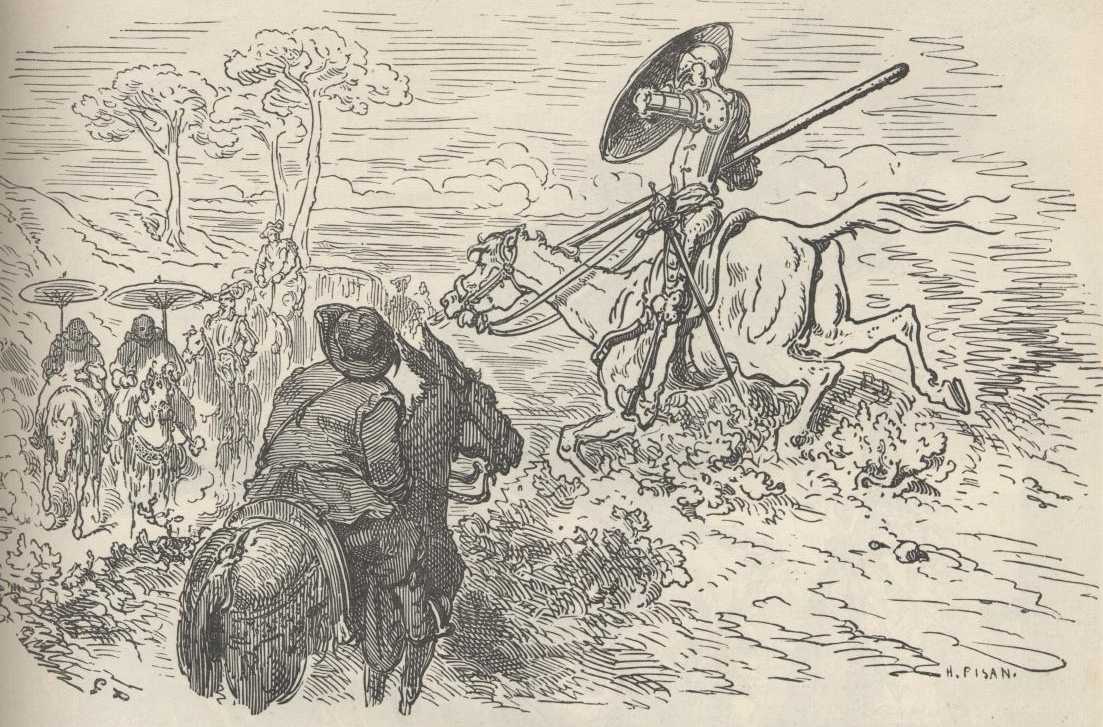 Don Quijote y Sancho contemplan los molinos de viento antes de la embestida.