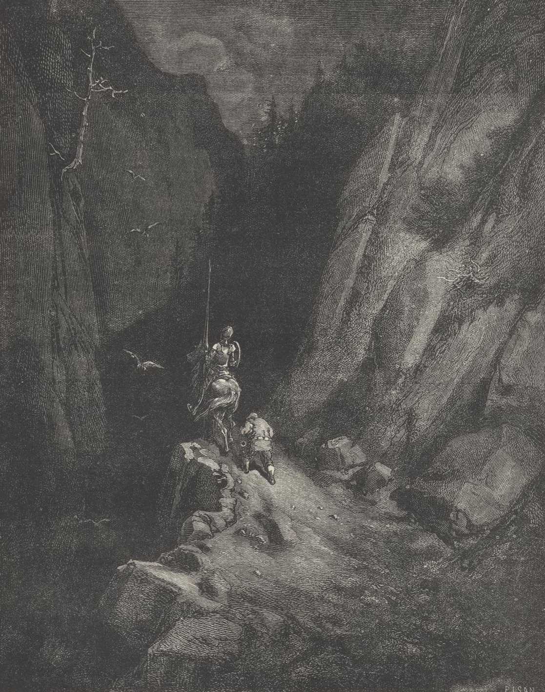 Don Quijote y Sancho revisan una maleta abandonada entre rocas de la Sierra Morena.