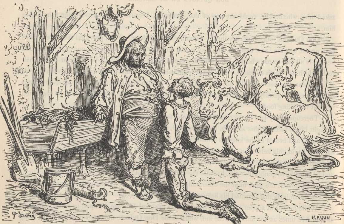 Don Quijote arrodillado ante el ventero en el establo de la venta.