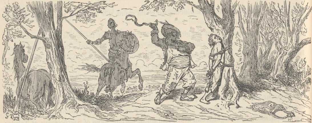 Don Quijote cabalga al salir de la venta tras ser armado caballero.