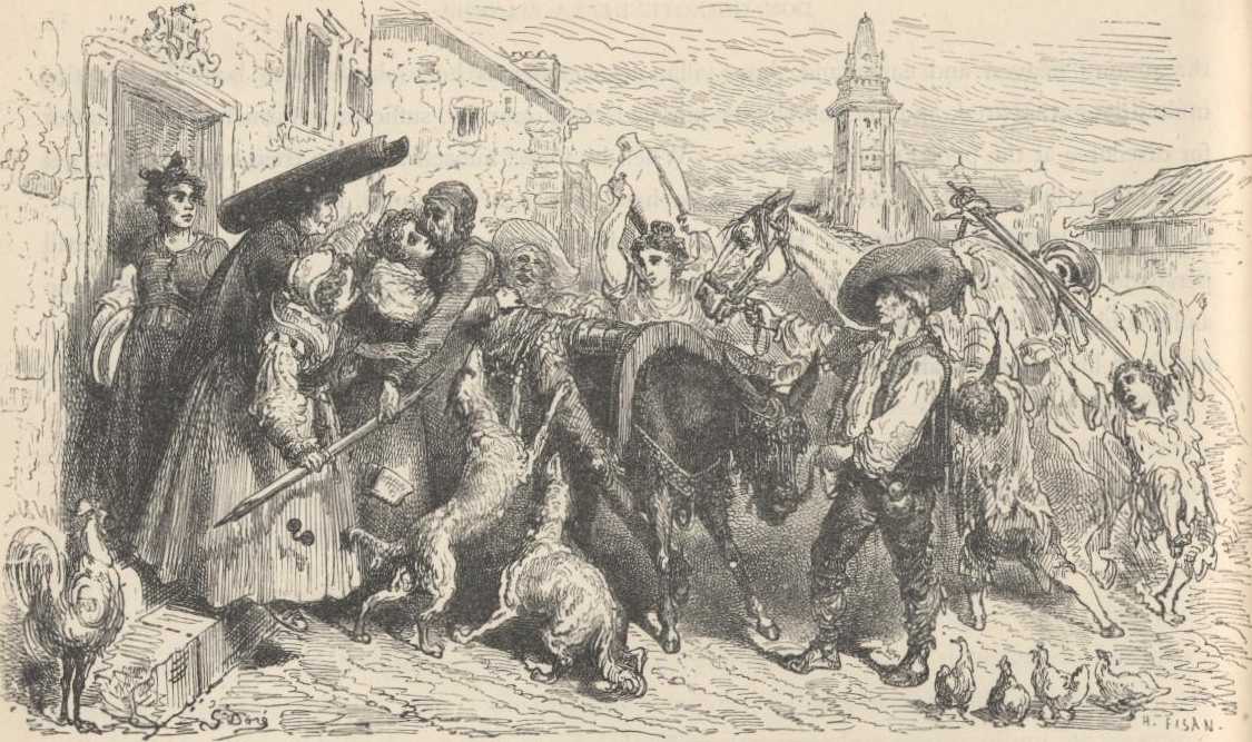 Don Quijote en el suelo tras su caída, antes de ser encontrado por su vecino.