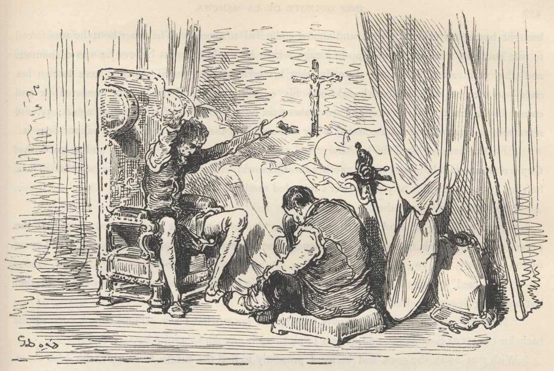 El ama se inclina ante Sansón Carrasco mientras comenta la recaída de Don Quijote. Se usa como referencia visual del mismo capítulo, no como representación exacta de esta escena.