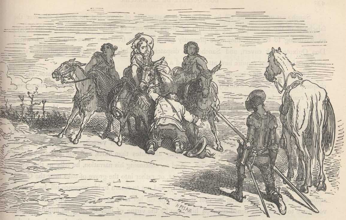 Sancho medita junto a su asno antes de fabricar el encuentro con la supuesta Dulcinea encantada.