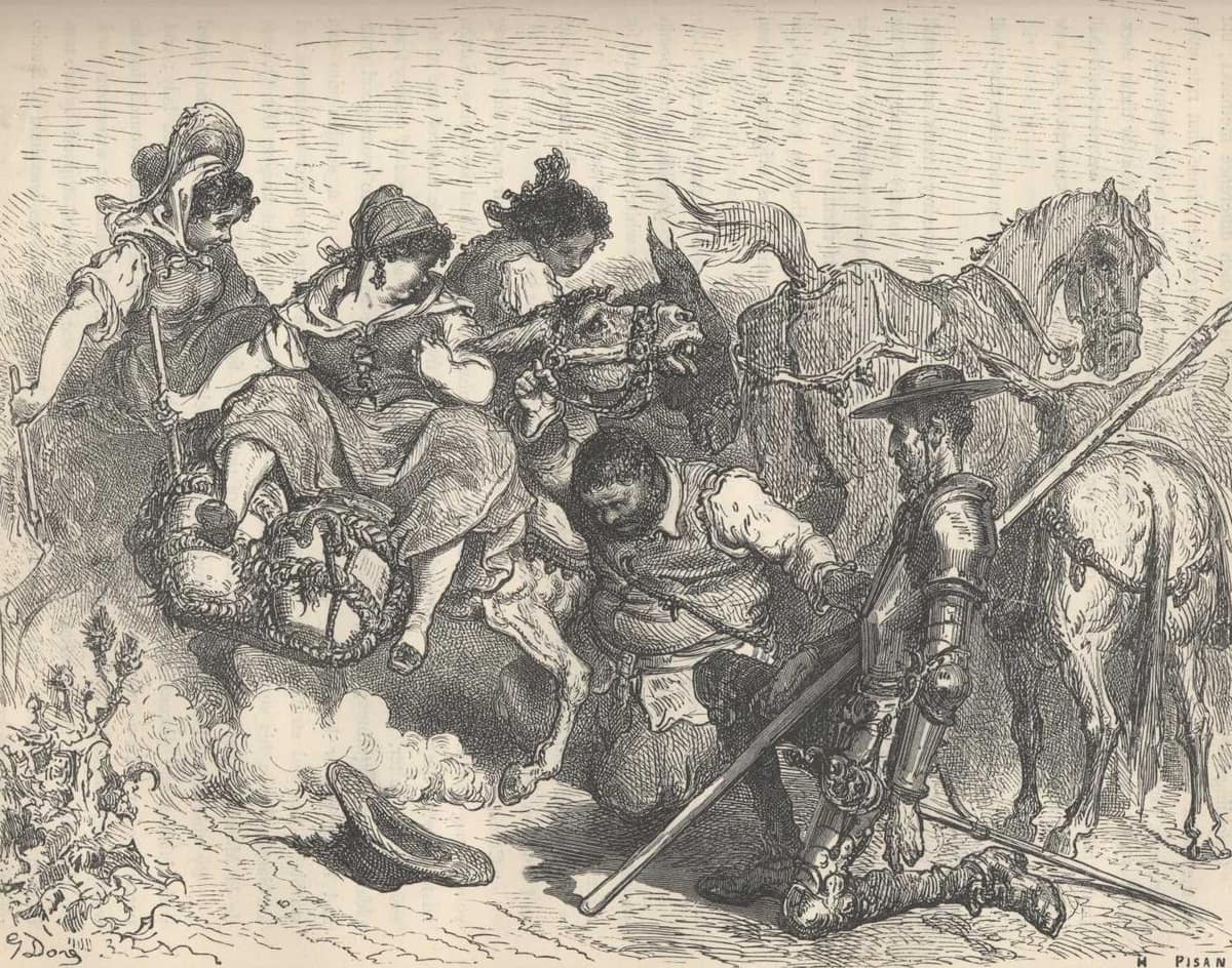 Sancho y Don Quijote arrodillados ante una aldeana que intenta seguir su camino.