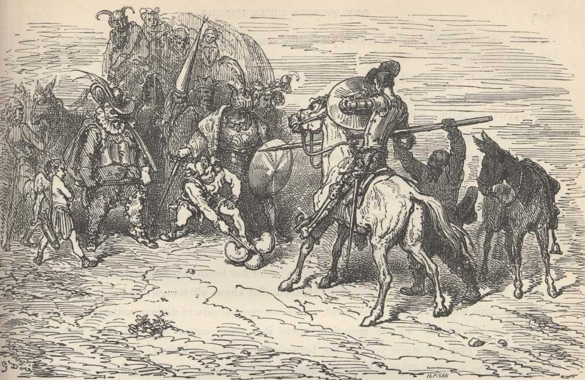 Don Quijote observa el carro de actores y conversa con sus personajes disfrazados.