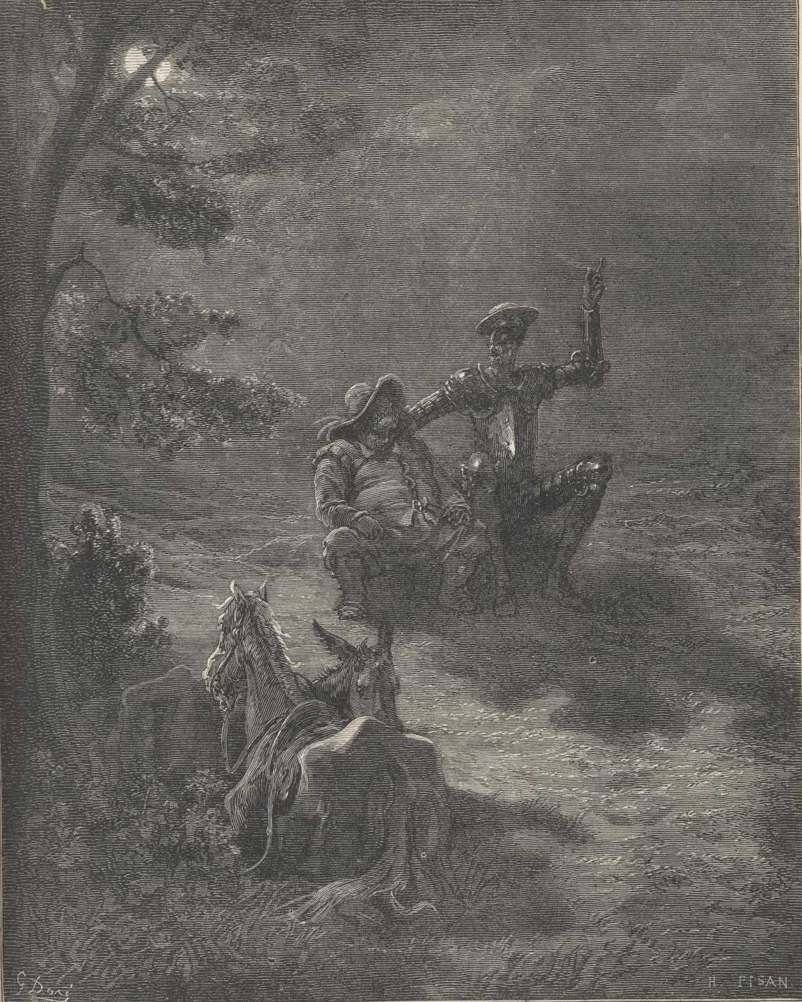 Rocinante y el rucio aparecen juntos en la noche, mientras Don Quijote y Sancho descansan cerca.