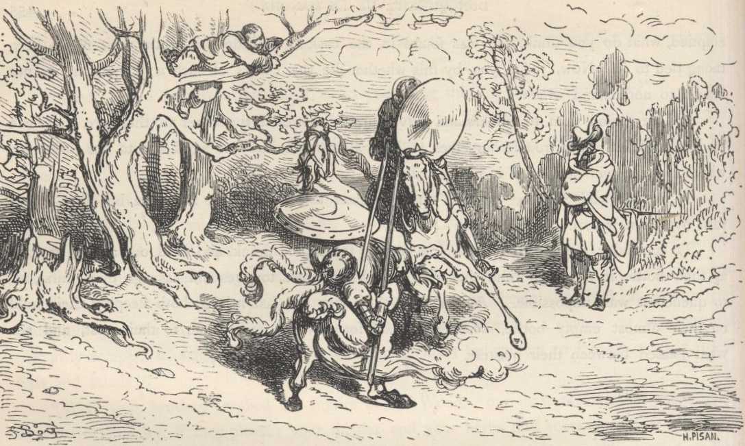 Don Quijote se encuentra con el Caballero de los Espejos en la escena del capítulo XIV. Se usa como referencia visual del mismo capítulo, no como representación exacta de esta escena.