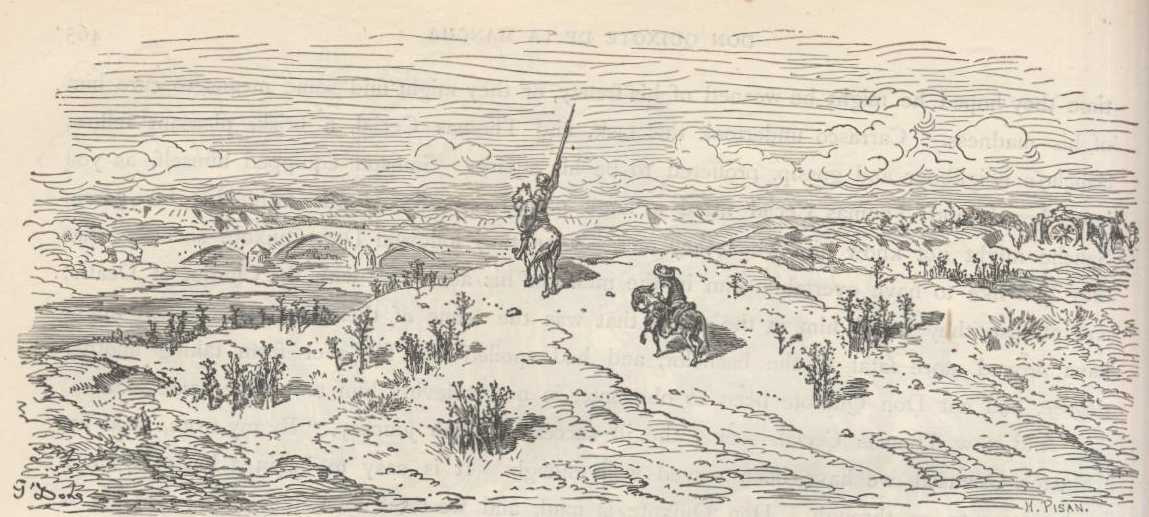 Sancho baja del rucio y besa el pie de Don Diego de Miranda ante Don Quijote.