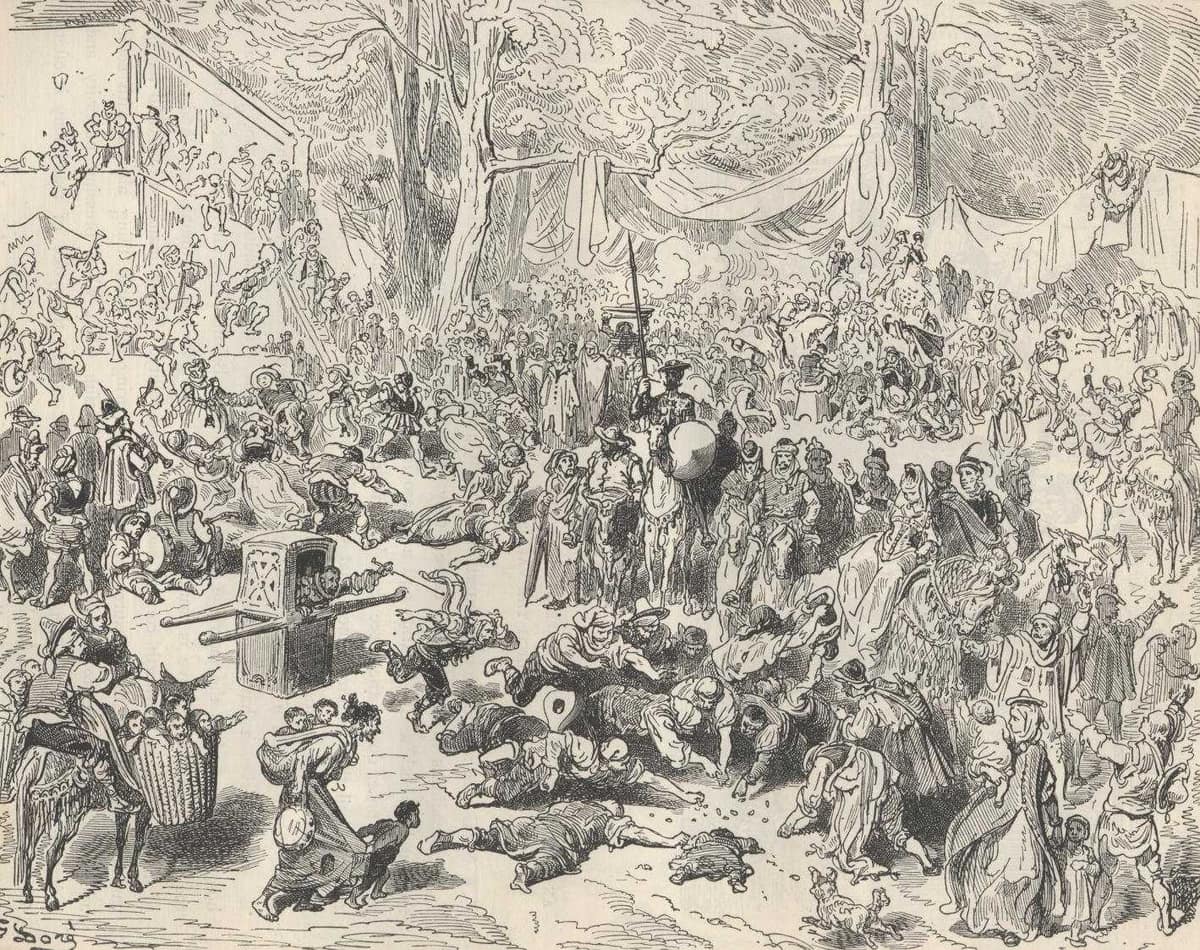 Sancho se aleja de la boda de Camacho siguiendo a Don Quijote tras el desenlace de Basilio.