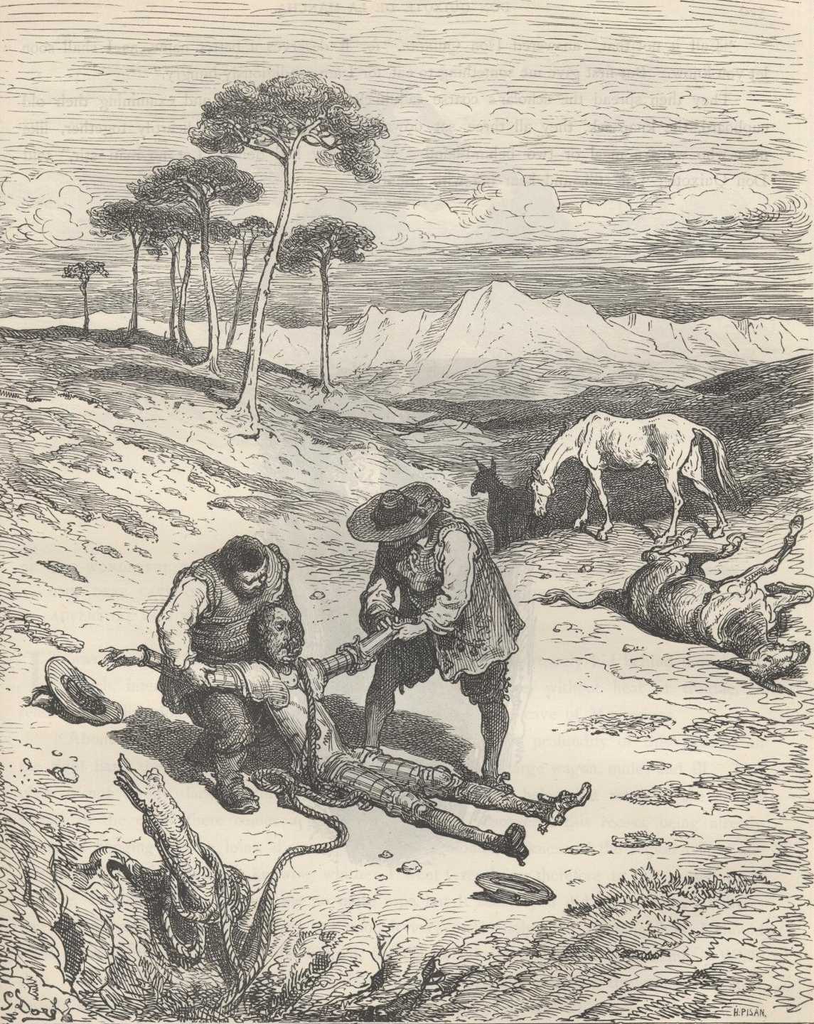 Sancho y el primo sacan a Don Quijote de la cueva de Montesinos y lo escuchan después.