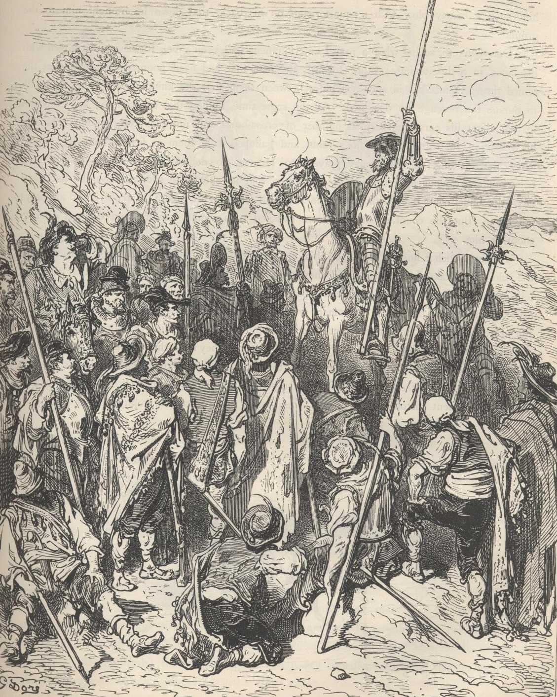 Don Quijote habla ante un grupo armado reunido bajo un estandarte con un asno. Se usa como referencia visual del mismo capítulo, no como representación exacta de esta escena.