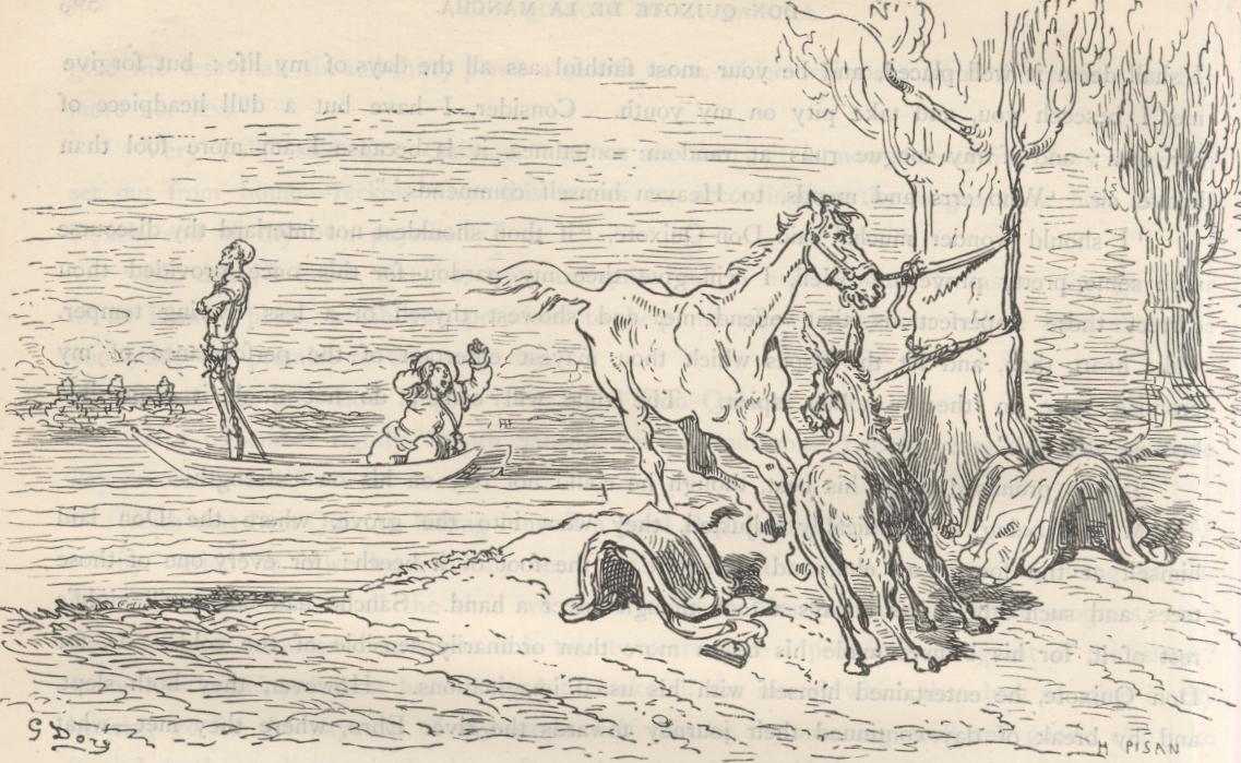 Don Quijote y Sancho navegan en la barca que después será reclamada por sus dueños.