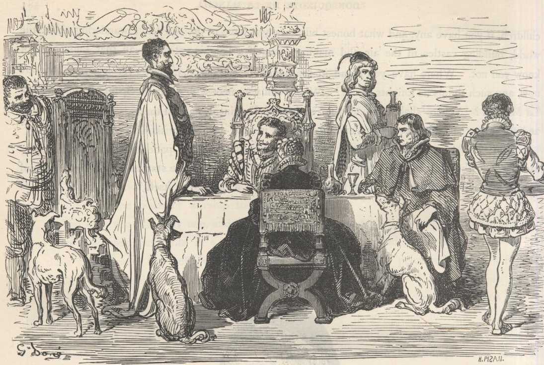 Don Quijote argumenta de pie en la mesa ducal mientras Sancho y los duques escuchan.