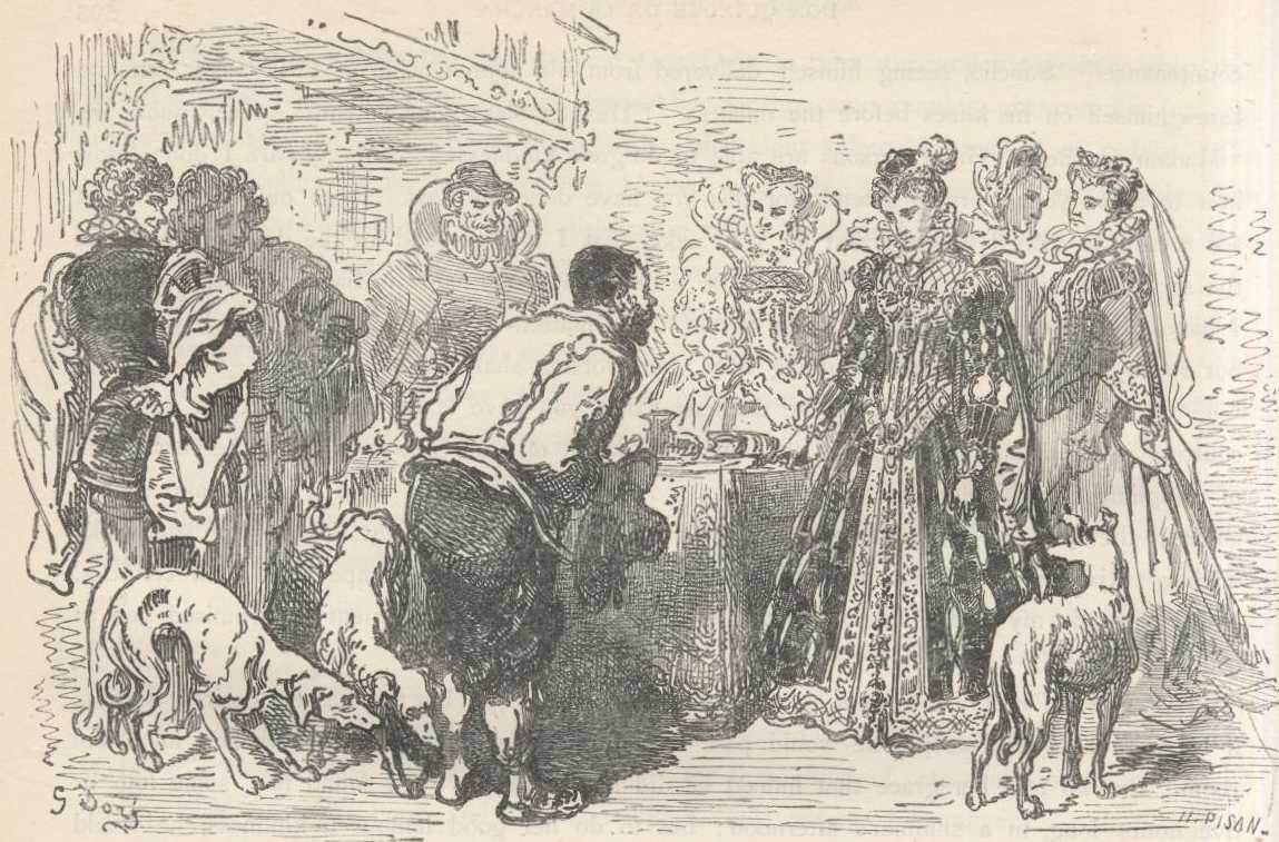 Sancho sentado junto a la duquesa y sus damas durante la conversación del capítulo XXXIII.