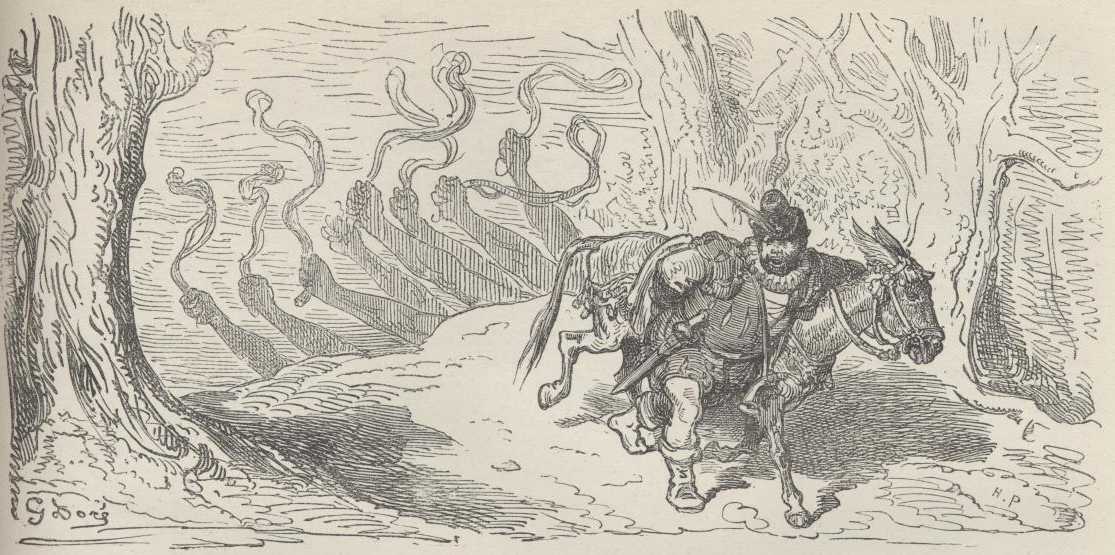 Carro iluminado con figuras veladas durante la escena del desencanto de Dulcinea.
