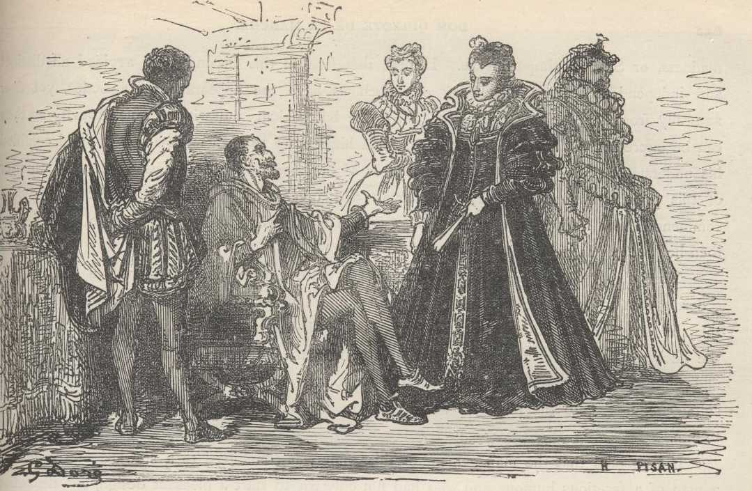 Ilustración de Gustave Doré vinculada al capítulo 44 de la Segunda Parte de Don Quijote; funciona como referencia visual del capítulo y no necesariamente de cada detalle de «Cide Hamete hizo un sermón social por una media rota».