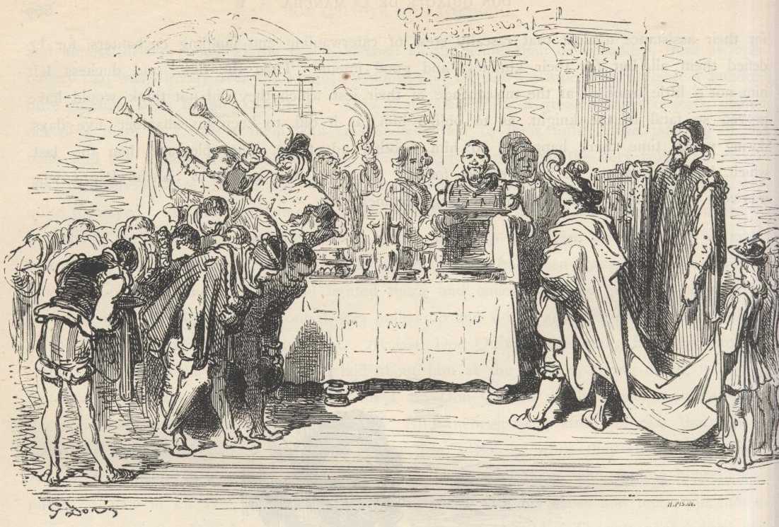 Sancho Panza sentado ante la mesa de Barataria, acompañado por el médico que controla los platos.