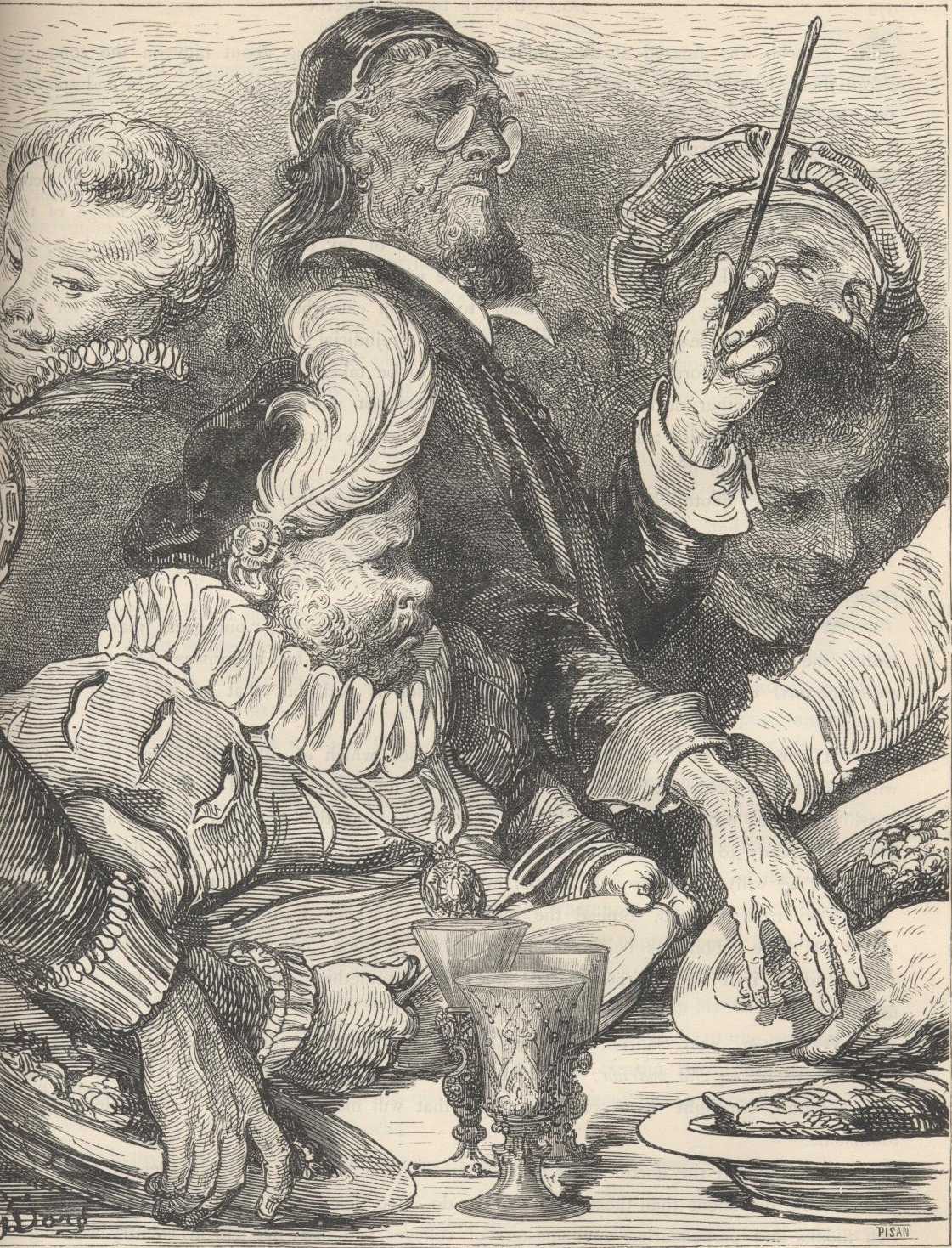 Sancho Panza protesta ante el médico y los platos que le retiran durante la comida en Barataria. Se usa como referencia visual del mismo capítulo, no como representación exacta de esta escena.