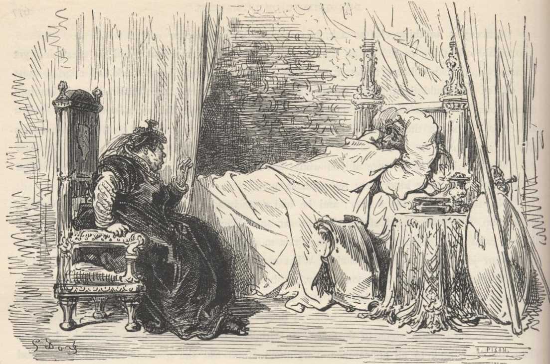 Ilustración de Gustave Doré vinculada al capítulo 48 de la Segunda Parte de Don Quijote; funciona como referencia visual del capítulo y no necesariamente de cada detalle de «La hermosura de la duquesa dependía de dos fuentes ocultas».