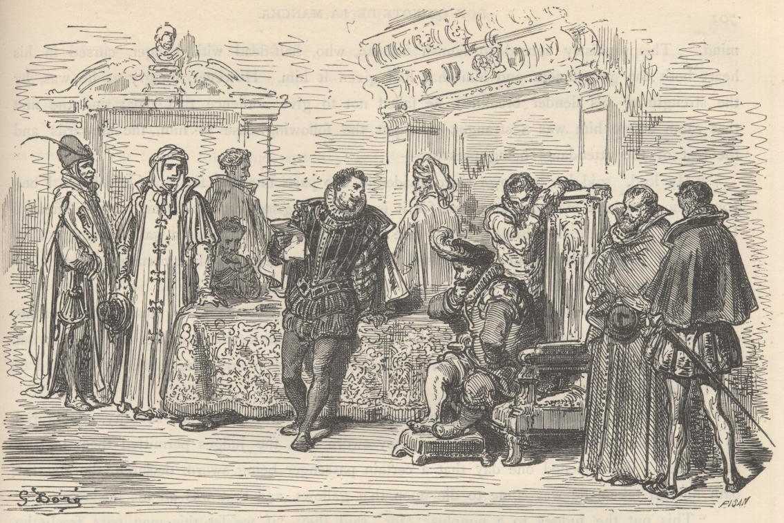 Ilustración de Gustave Doré del capítulo 51 de la Segunda Parte de Don Quijote, usada como referencia visual del mismo capítulo; no representa necesariamente la escena exacta de «Sancho juzgaba con hambre, pero no con codicia».