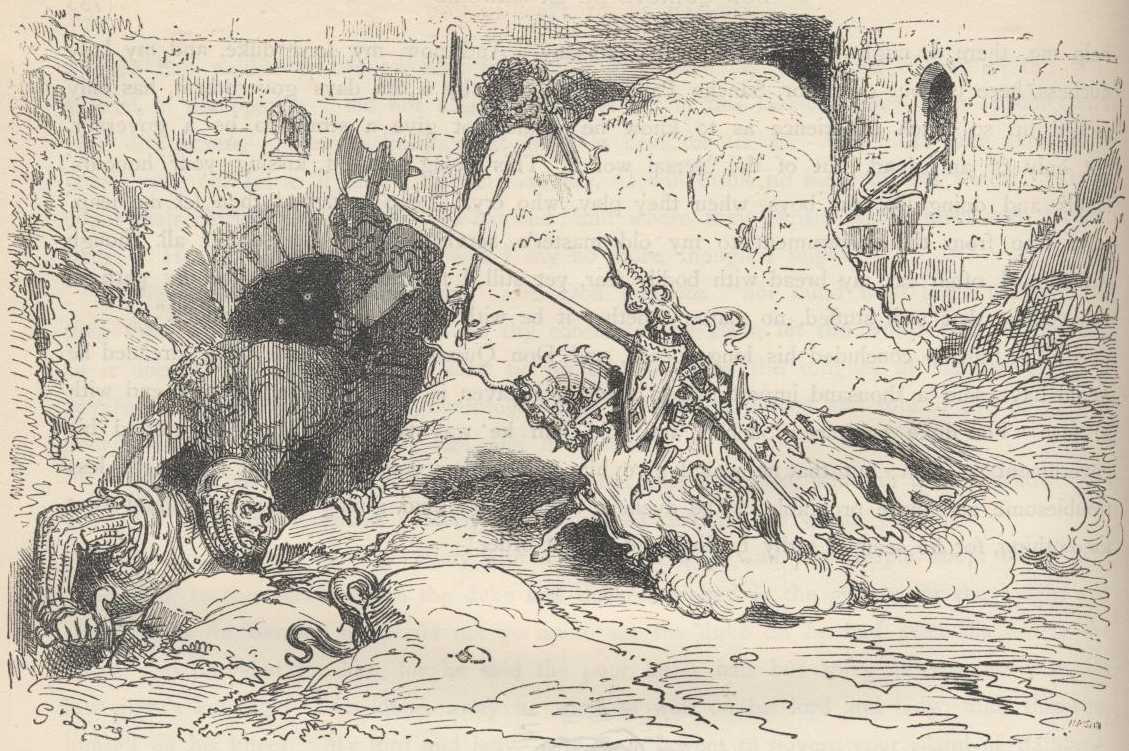 Ilustración de Gustave Doré vinculada al capítulo 56 de la Segunda Parte de Don Quijote; funciona como referencia visual del capítulo y no necesariamente de cada detalle de «Tosilos desarmó el duelo enamorándose de la demandante».