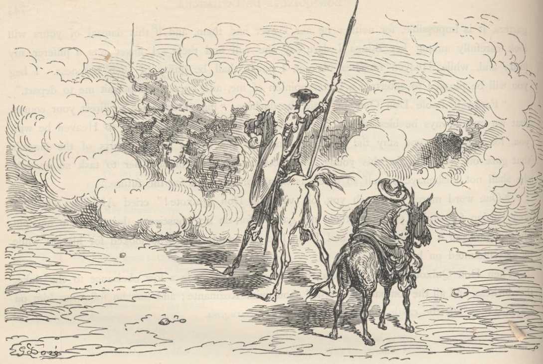 Ilustración de Gustave Doré del capítulo 58 de la Segunda Parte de Don Quijote, usada como referencia visual del mismo capítulo; no representa necesariamente la escena exacta de «Don Quijote explicó que la sal derramada no gobierna el destino».