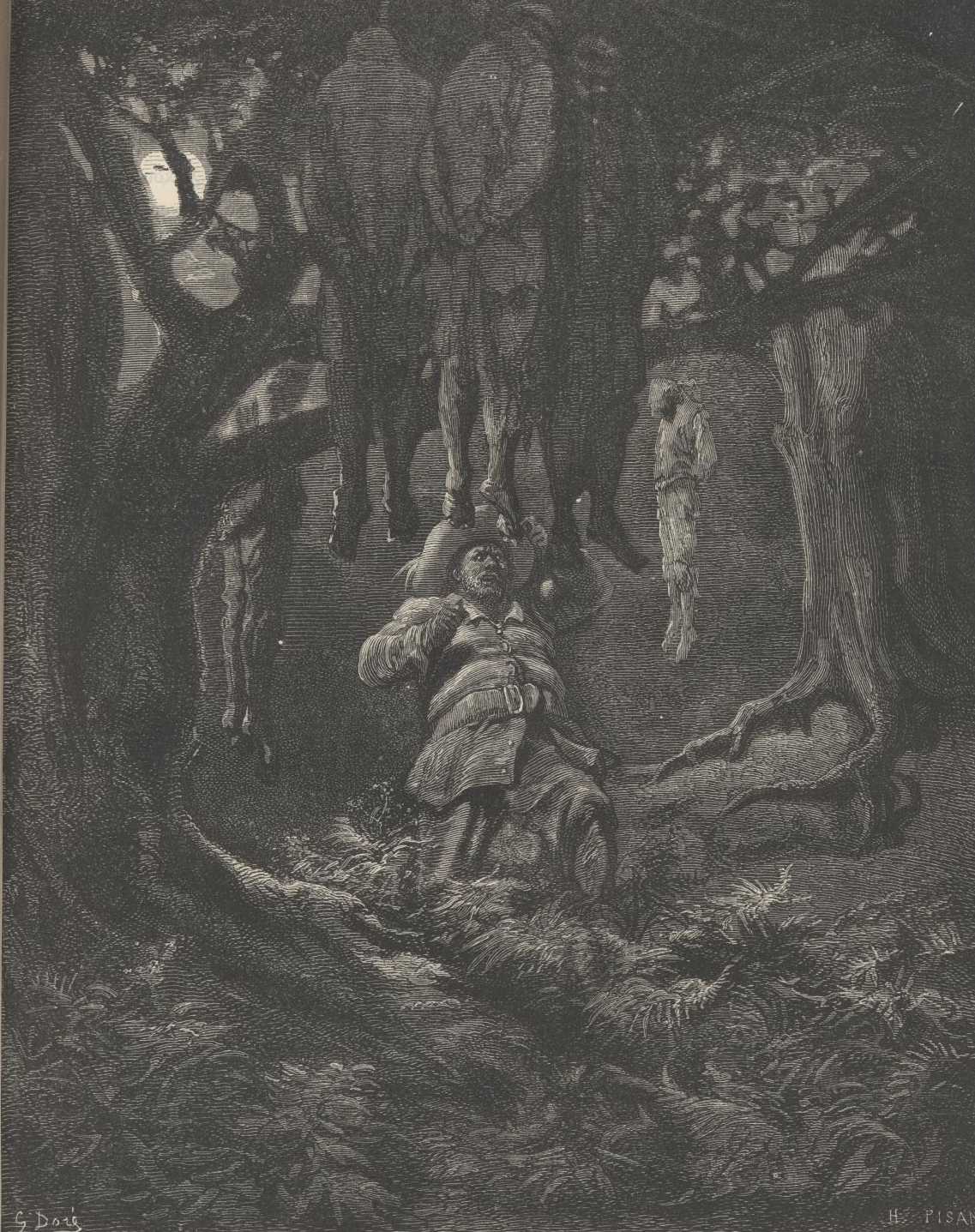 Sancho mantiene a Don Quijote en el suelo después de defenderse del intento de azotarlo contra su voluntad. Se usa como referencia visual del mismo capítulo, no como representación exacta de esta escena.