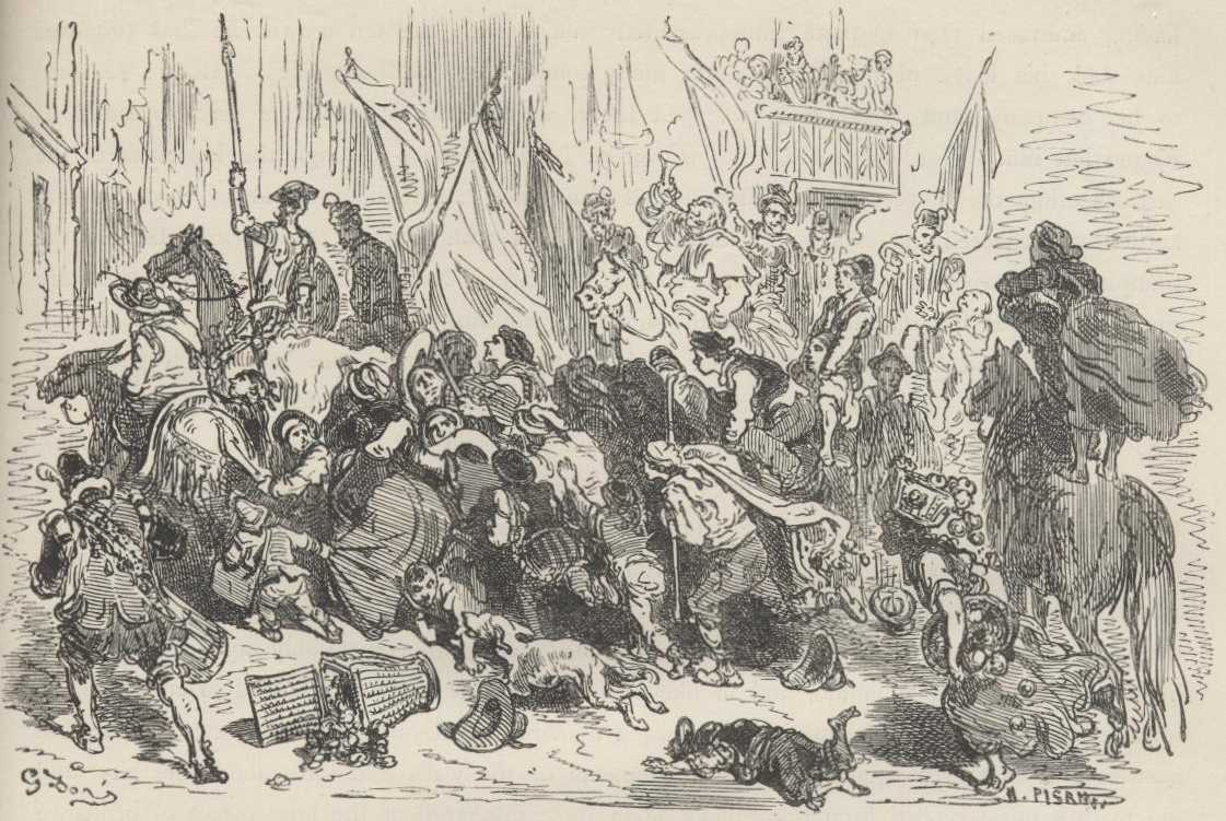Ilustración de Gustave Doré del capítulo 61 de la Segunda Parte de Don Quijote, usada como referencia visual del mismo capítulo; no representa necesariamente la escena exacta de «La fama de Don Quijote entró en Barcelona como evento organizado».