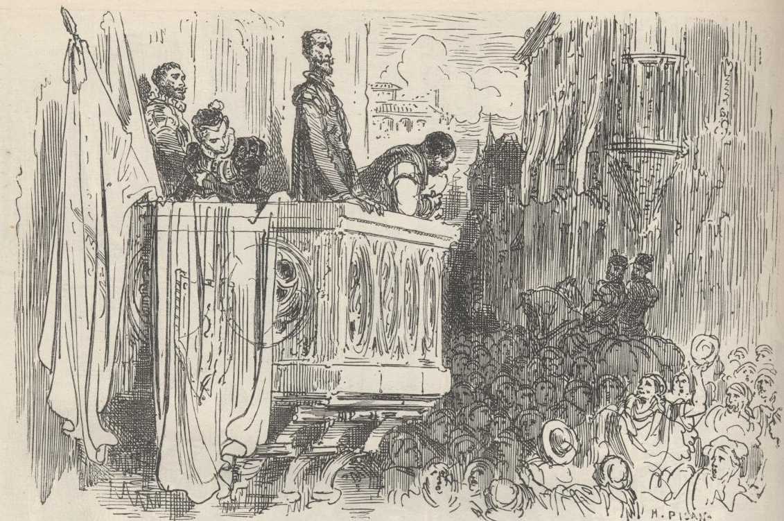 Ilustración de Gustave Doré del capítulo 62 de la Segunda Parte de Don Quijote, usada como referencia visual del mismo capítulo; no representa necesariamente la escena exacta de «El autor que esperaba mil ducados no entendía las tripas de la imprenta».