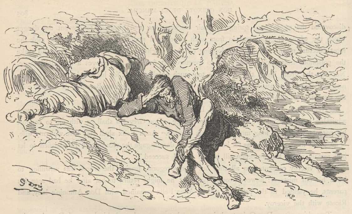 Ilustración de Gustave Doré del capítulo 66 de la Segunda Parte de Don Quijote, usada como referencia visual del mismo capítulo; no representa necesariamente la escena exacta de «Sancho resolvió la carrera imposible quitando peso al poderoso».