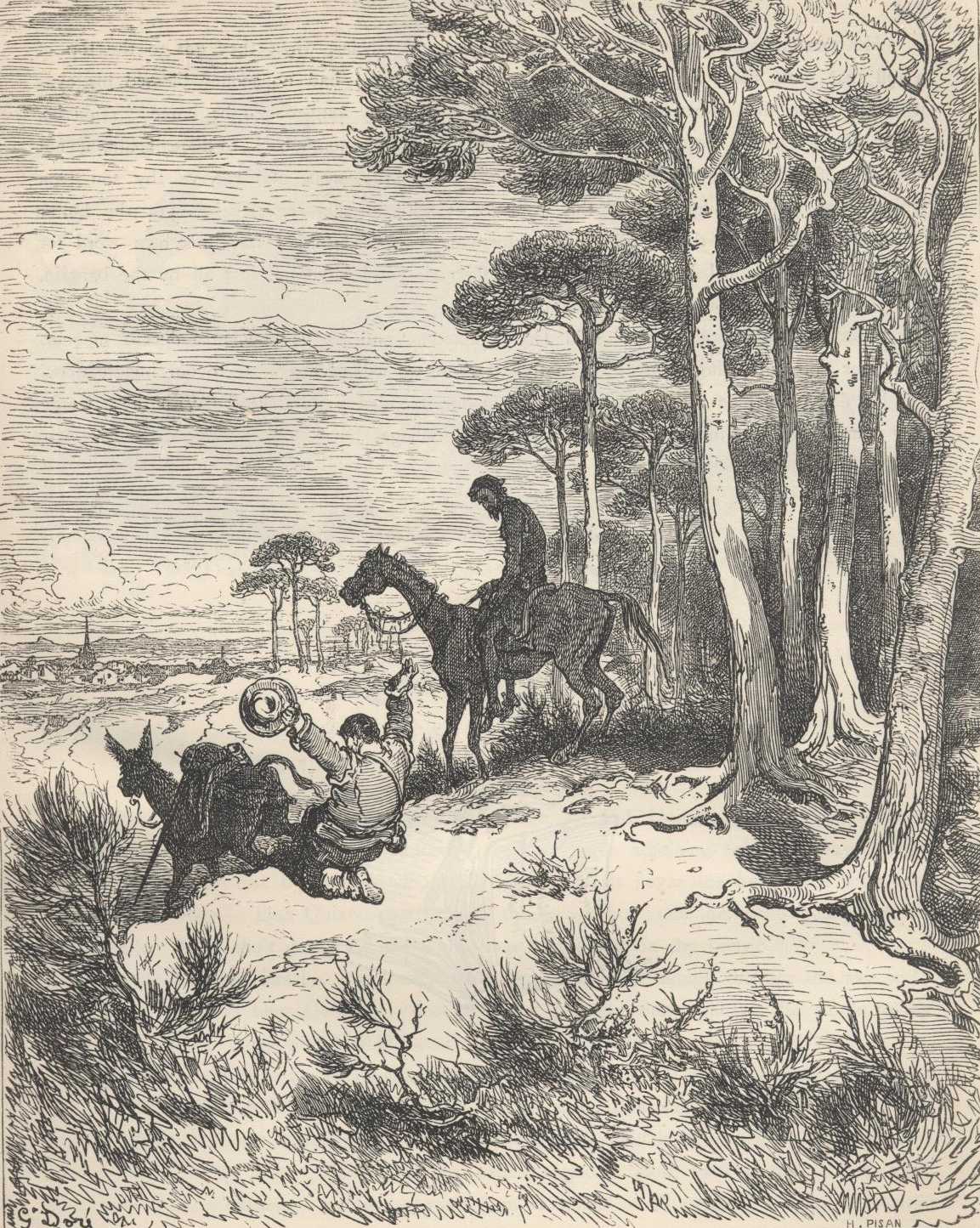 Don Quijote y Sancho regresan hacia su aldea después de la derrota y del viaje de vuelta.