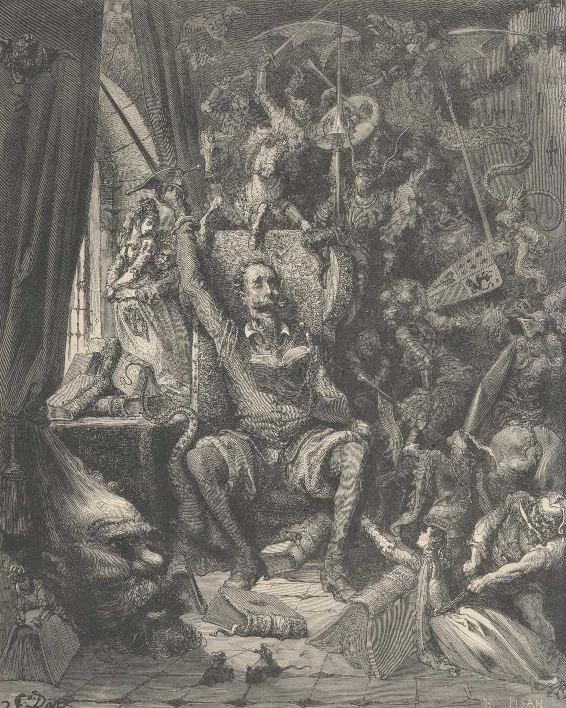 Don Quijote sentado leyendo en su biblioteca, rodeado de libros y visiones caballerescas.